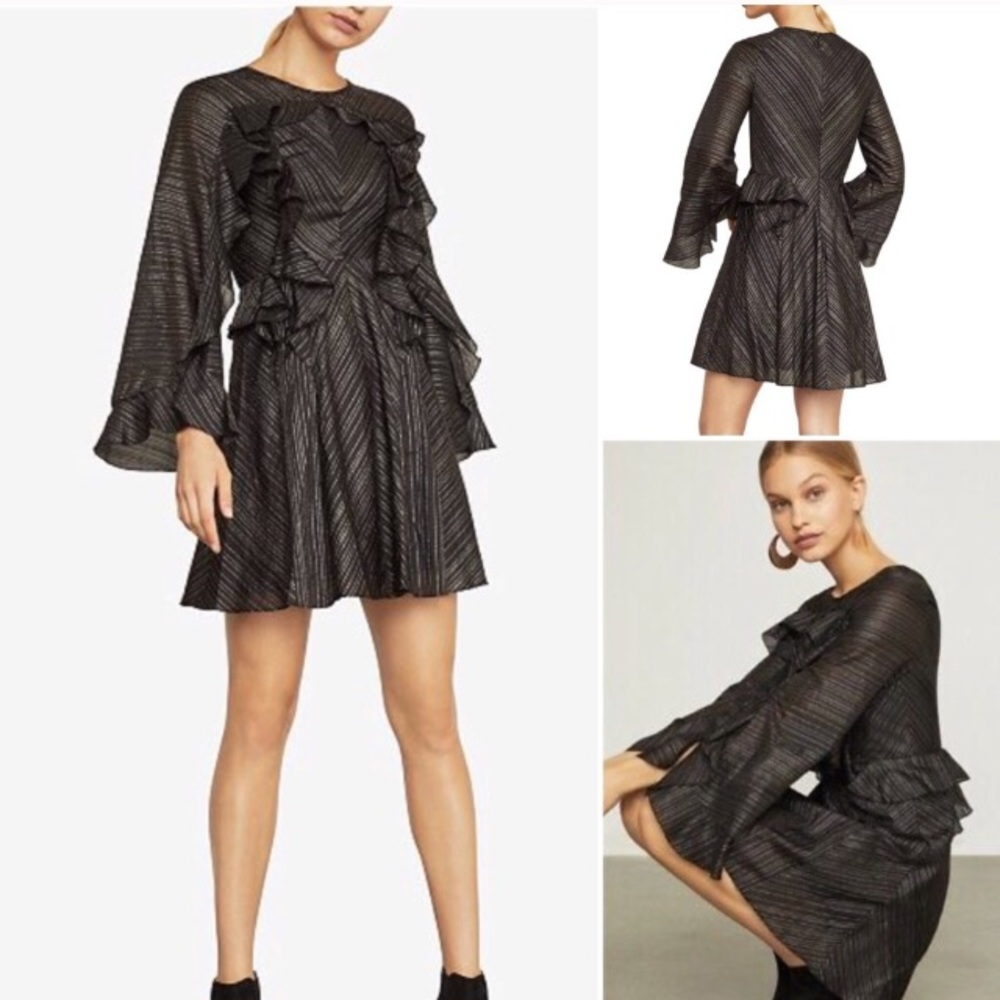 BCBGMaxazria black ruffle dress gold silver thread